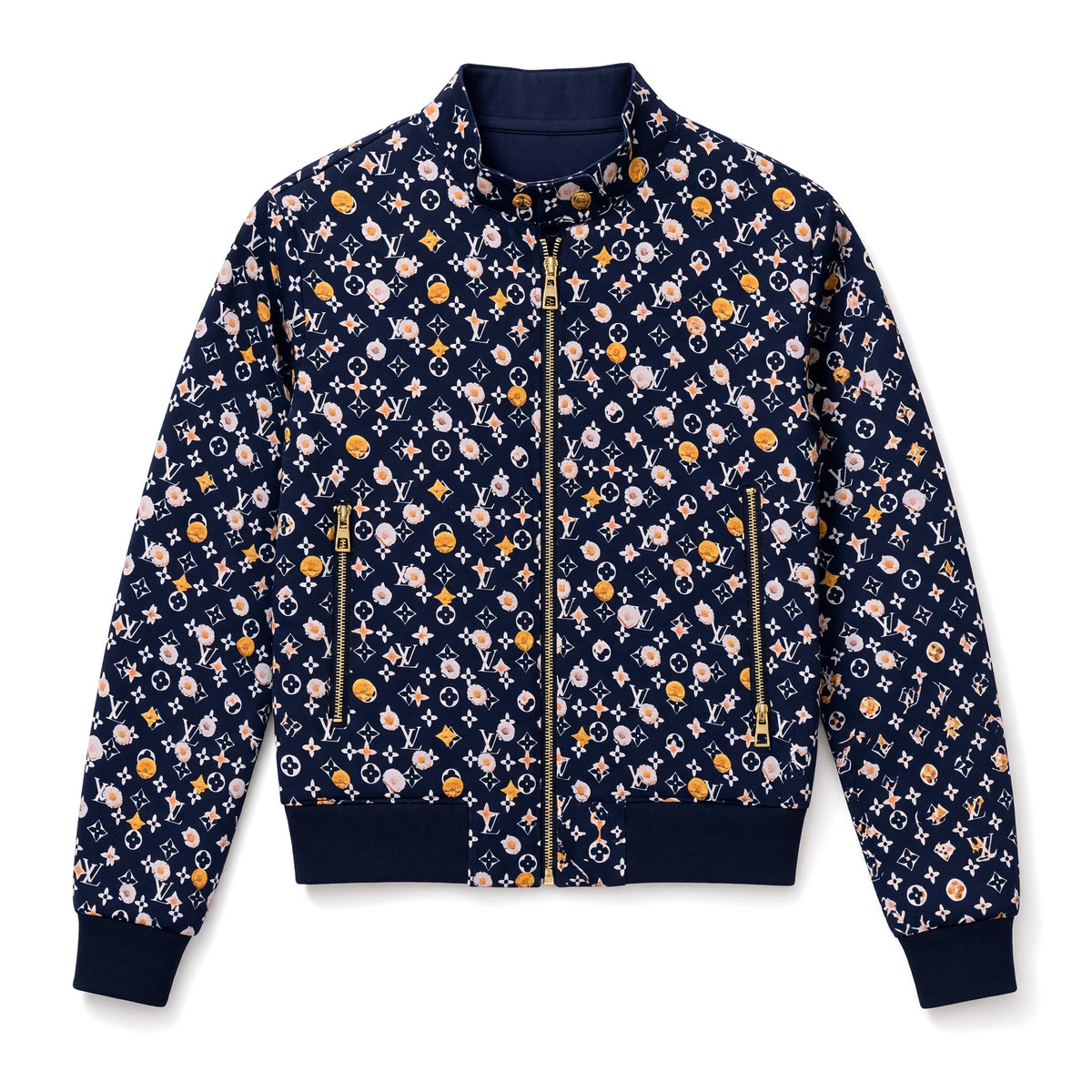 Louis Vuitton navy bomber jacket with floral monogram print and flower patch