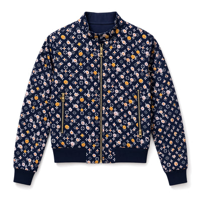 Louis Vuitton navy bomber jacket with floral monogram print and flower patch