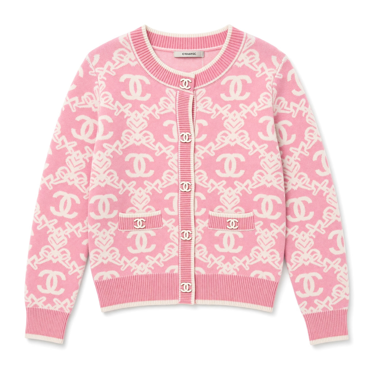 Pink Chanel cardigan with CC logo buttons and allover CC motif