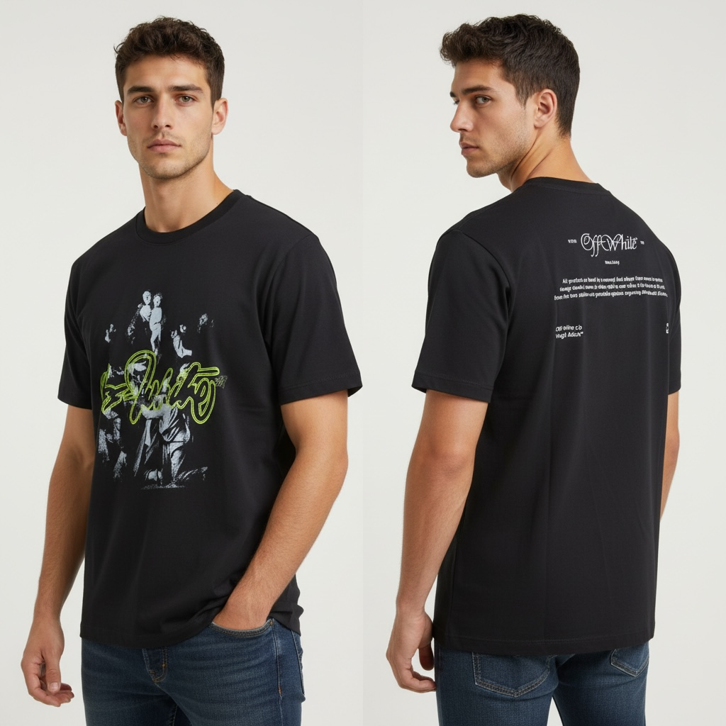 Off-White black crewneck T-shirt with neon script front graphic and back text panel