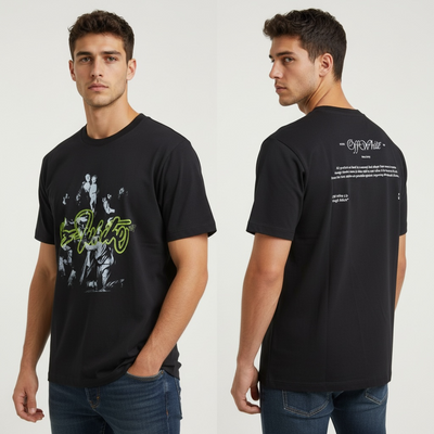 Off-White black crewneck T-shirt with neon script front graphic and back text panel