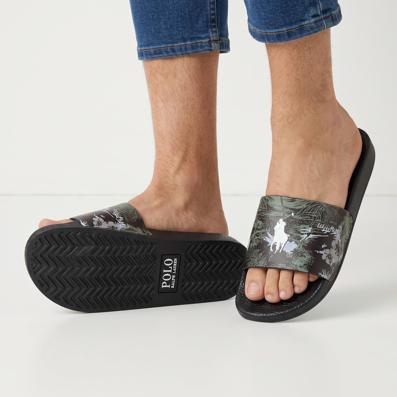 Polo Ralph Lauren tropical print black slide sandals with Polo pony logo on strap