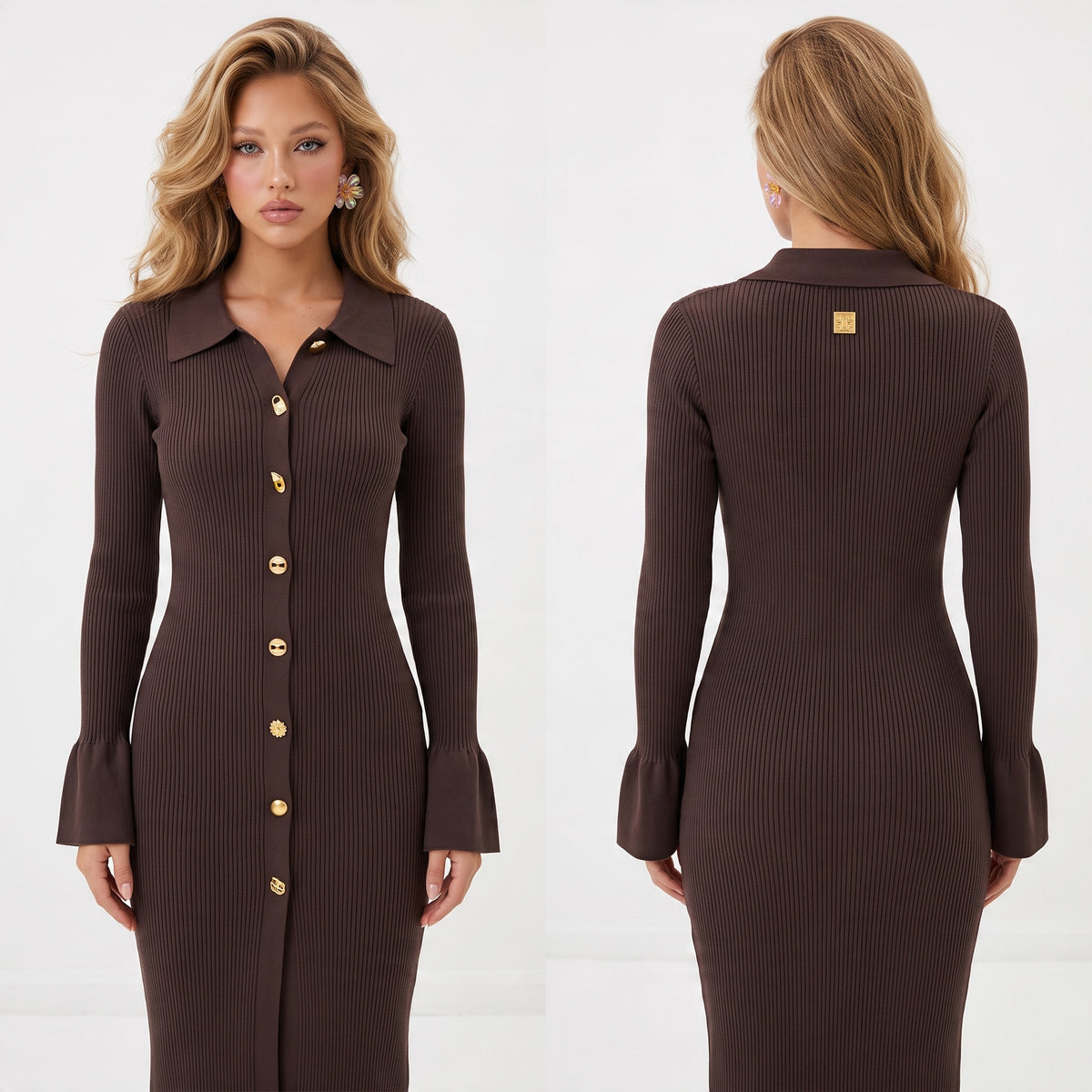 chocolate brown ribbed long sleeve midi dress with gold buttons and collar