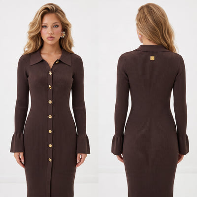 chocolate brown ribbed long sleeve midi dress with gold buttons and collar