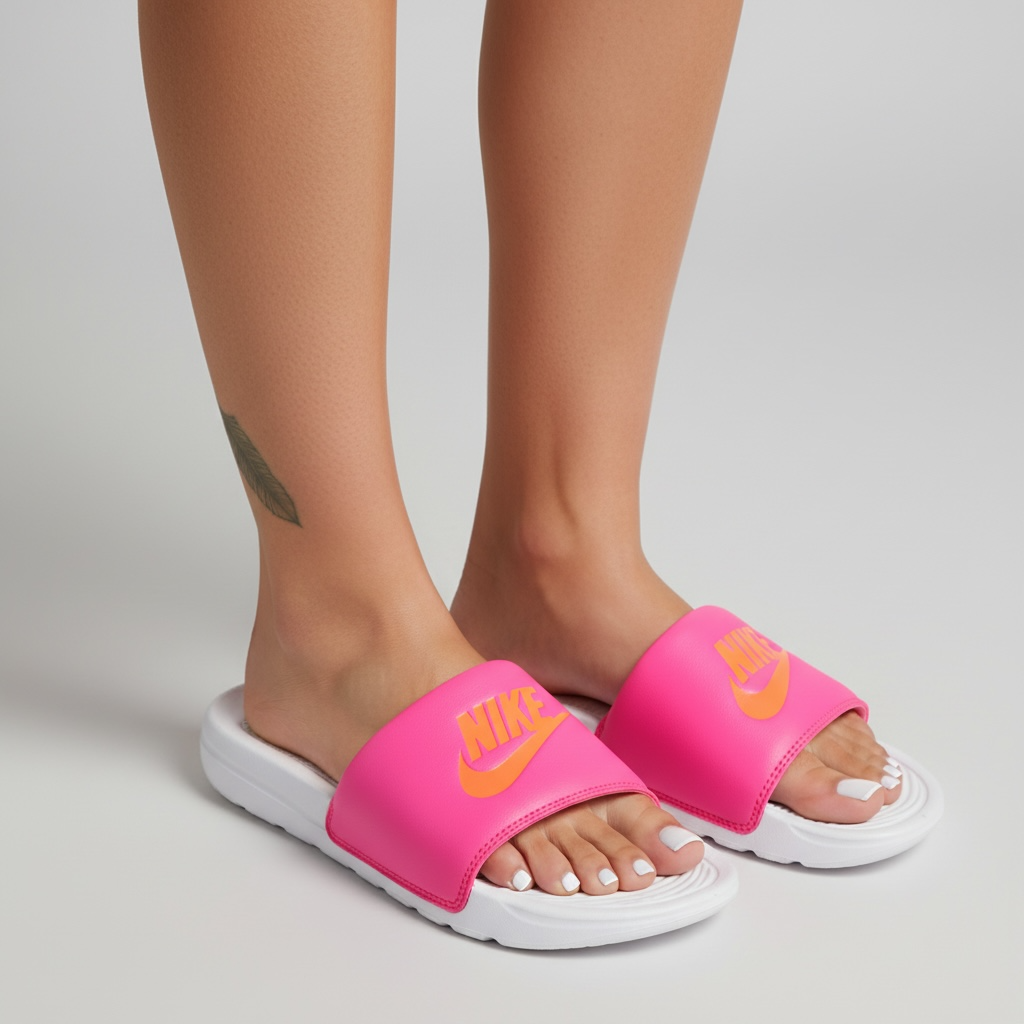 Nike hot pink slide sandals with orange Swoosh and white sole