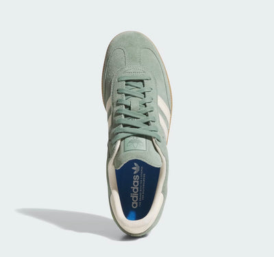 Adidas Samba seafoam green suede sneaker with white stripes and gum sole