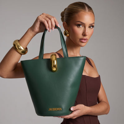 Jacquemus forest green structured tote bag with gold clasp and logo