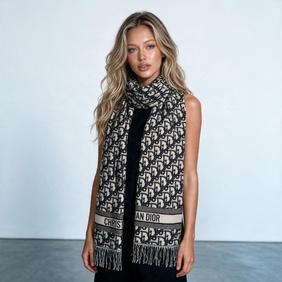 Christian Dior black and beige logo scarf with fringe