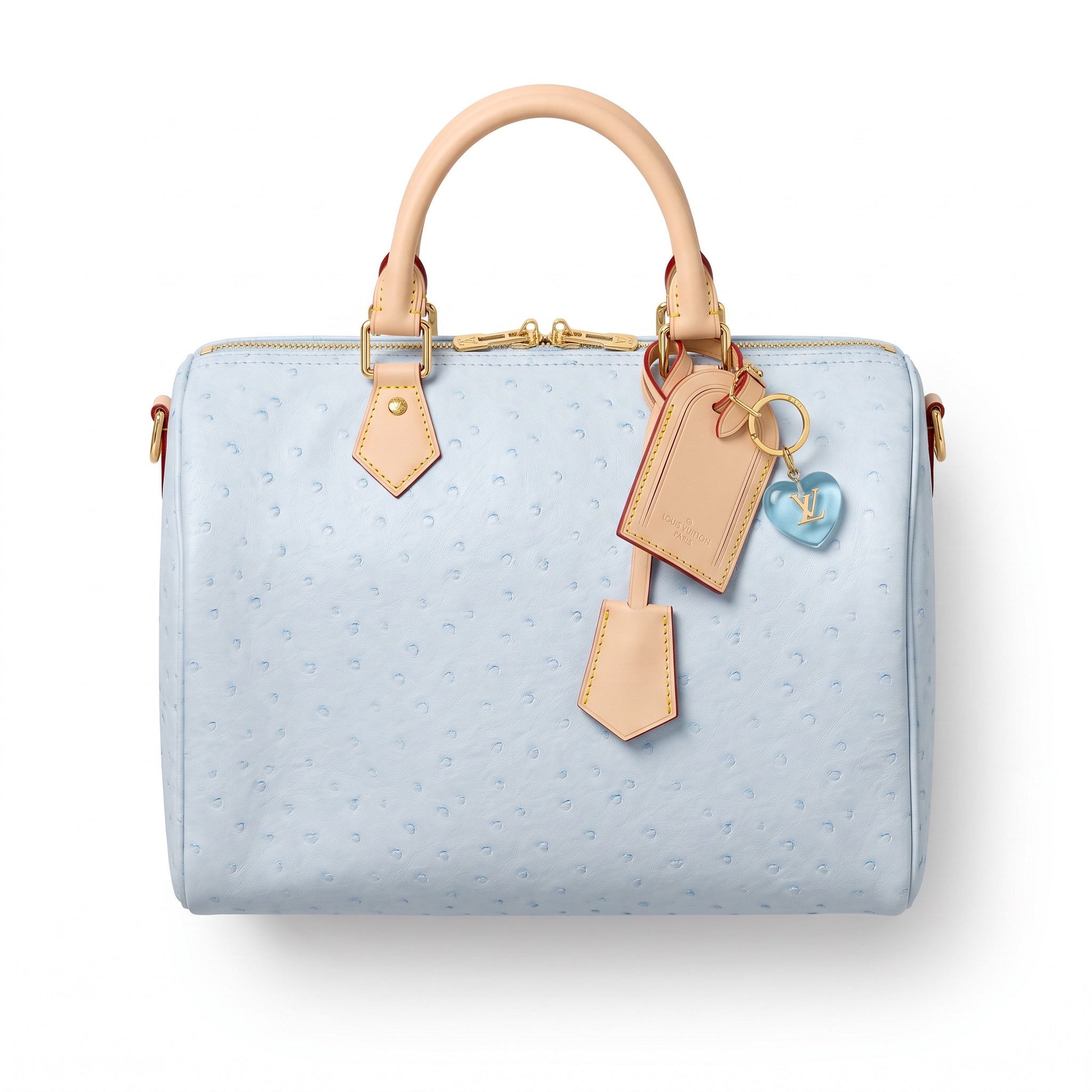 Light blue Louis Vuitton top-handle tote with ostrich-effect finish, natural-tone handles and gold hardware