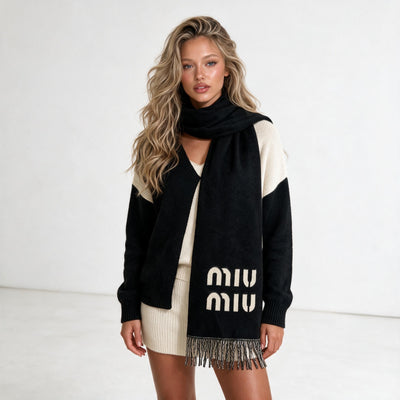 Black Miu Miu scarf with cream logo lettering and braided fringe
