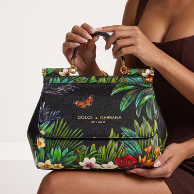 Dolce & Gabbana black Sicily top-handle bag with colourful tropical floral and butterfly print and gold hardware