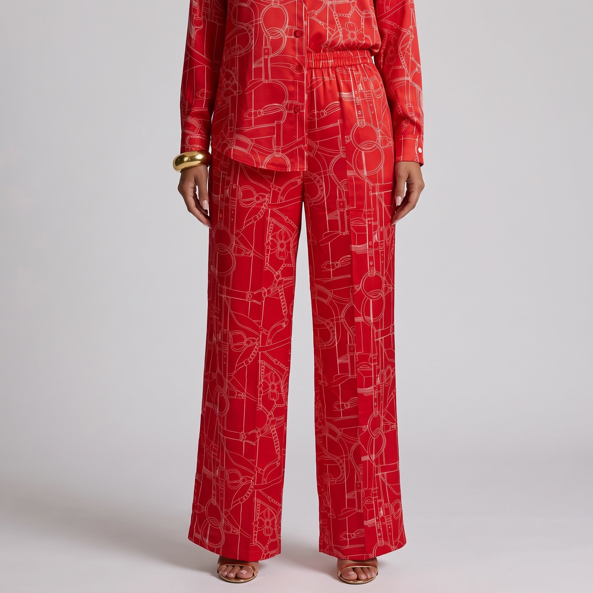 Red long-sleeve button-up shirt with white equestrian line print