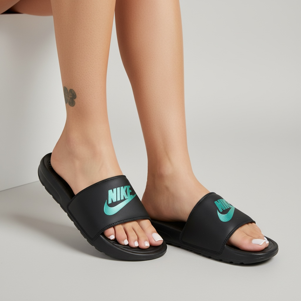 Black Nike slide sandals with teal Nike logo and padded footbed