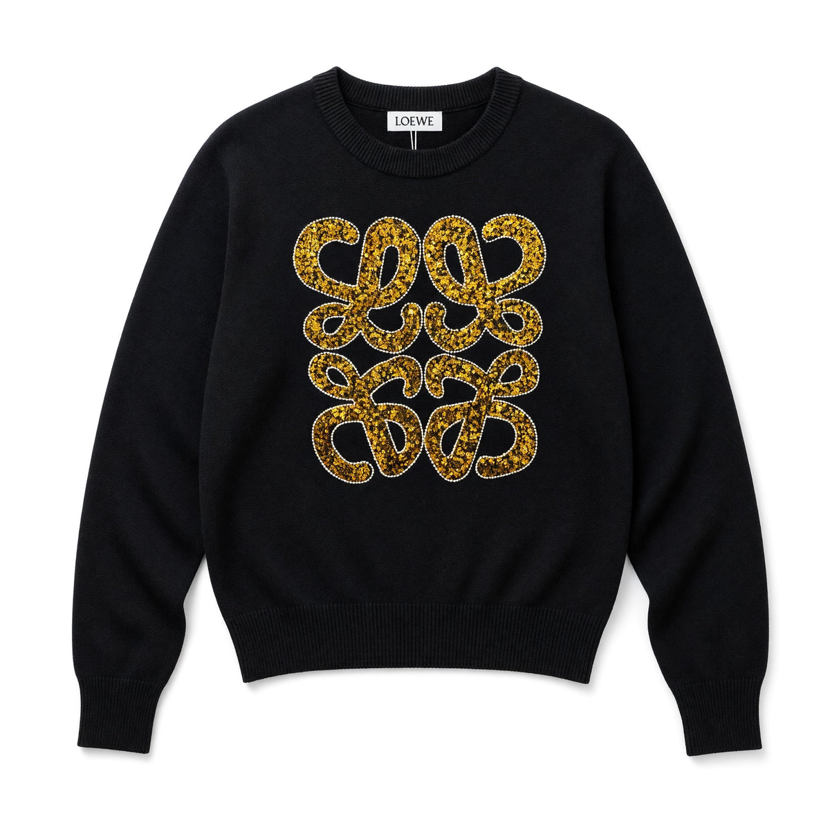 Black Loewe crew-neck sweater with gold sequin anagram motif