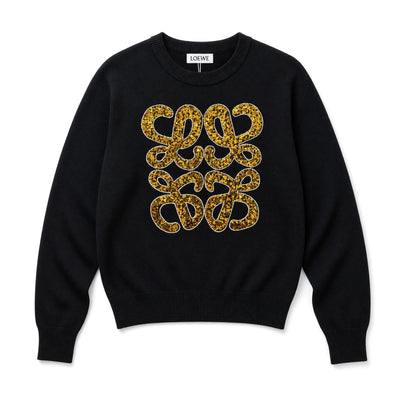 Black Loewe crew-neck sweater with gold sequin anagram motif