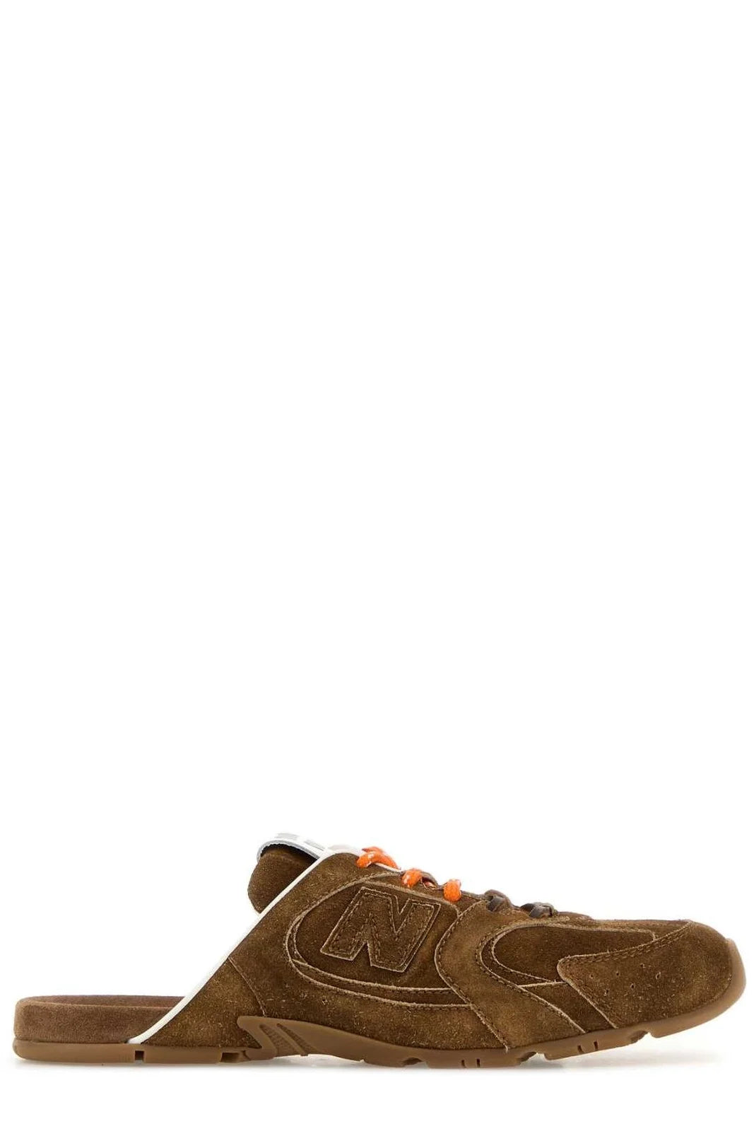 brown suede Miu Miu open-back mule sneaker with orange laces and branded tongue