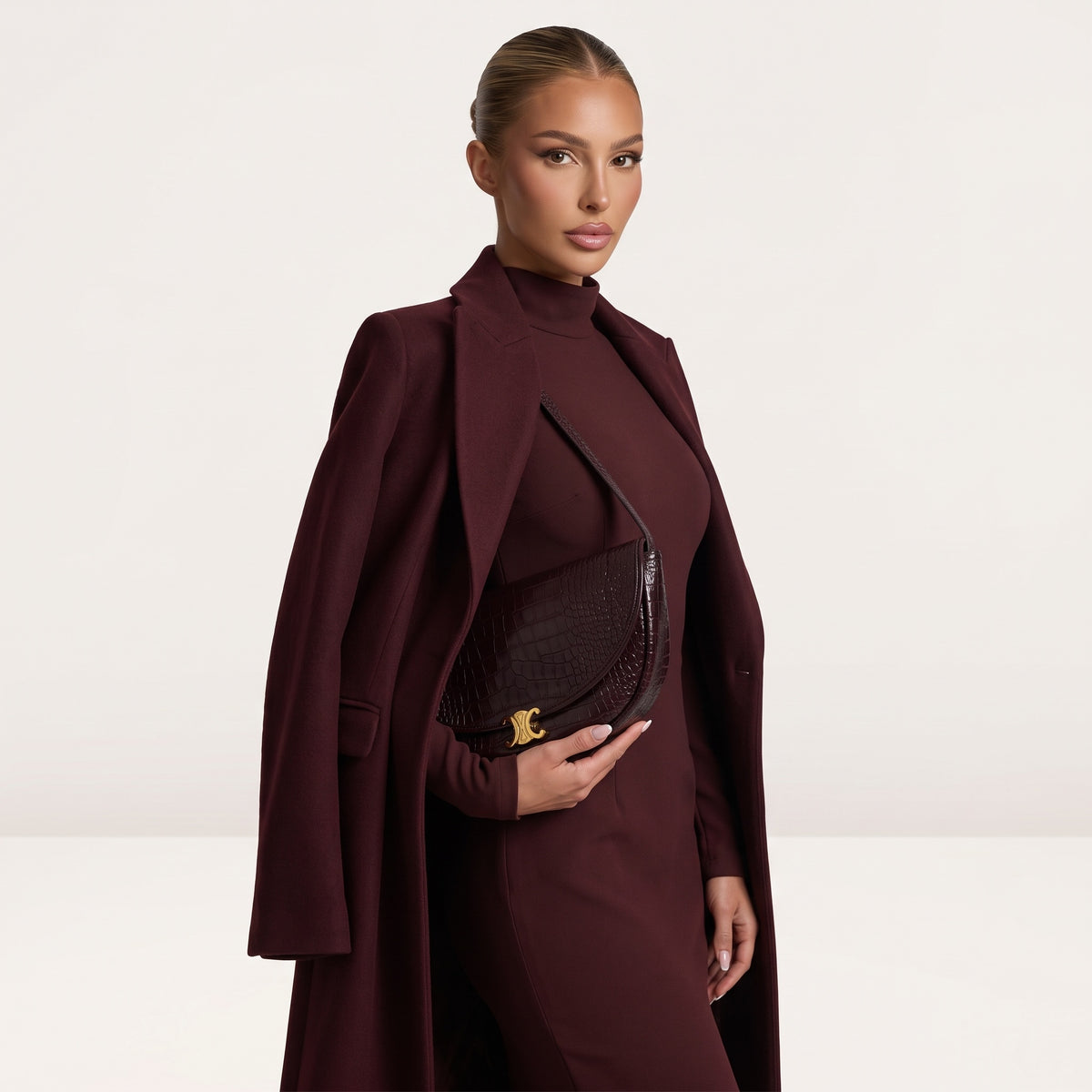 Celine Triomphe croc-embossed burgundy shoulder bag with gold clasp