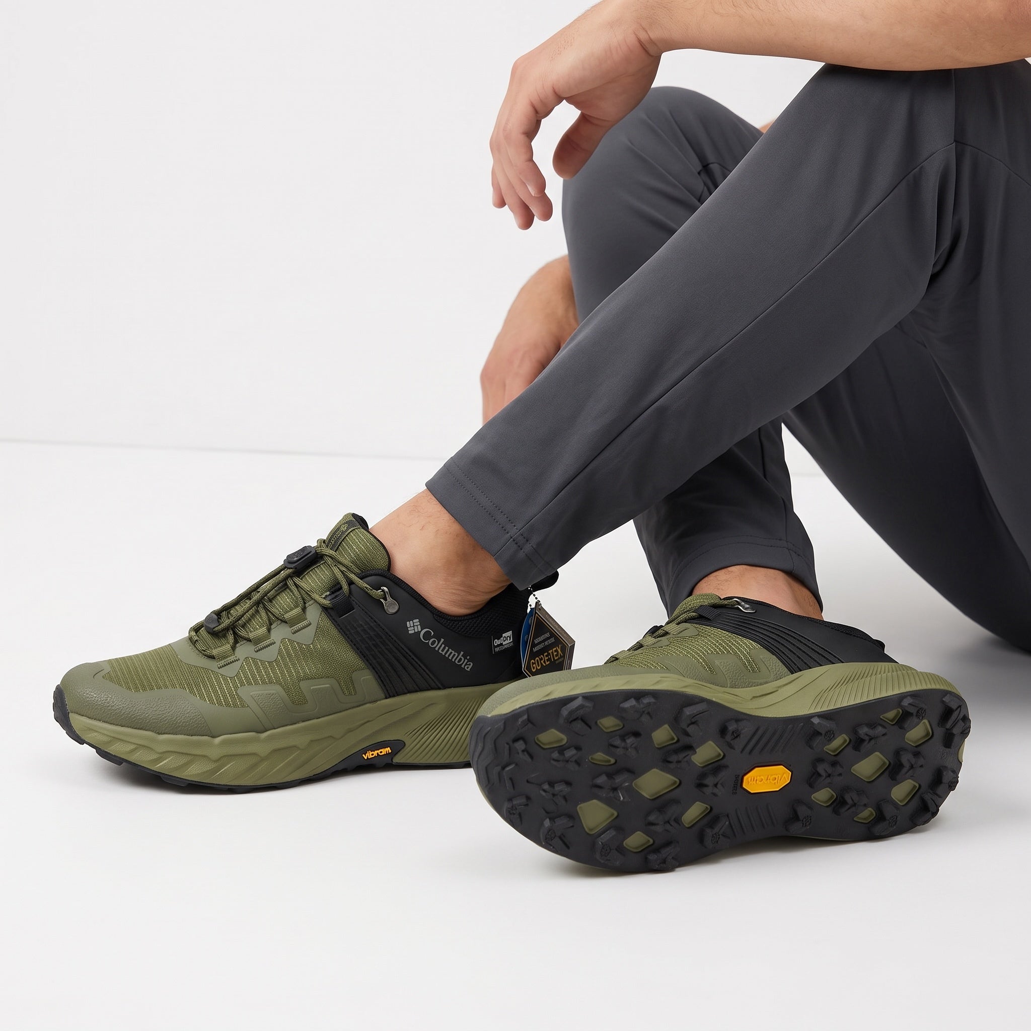 Columbia olive and black GORE-TEX trail sneakers with Vibram sole