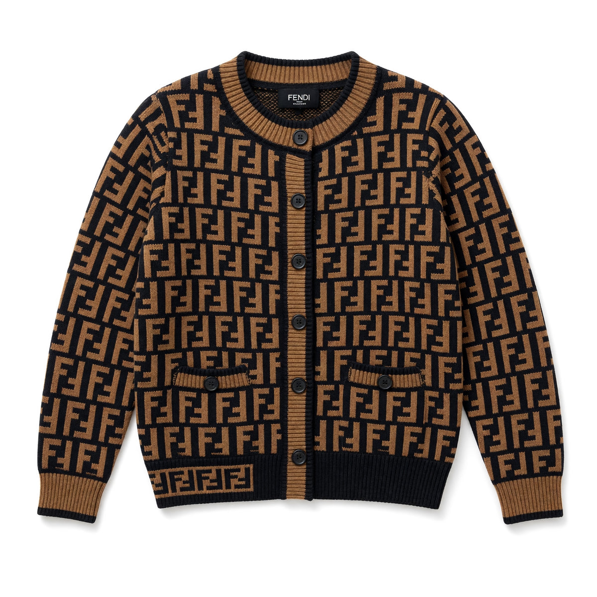 Fendi brown and black FF monogram crewneck cardigan with buttons and patch pockets
