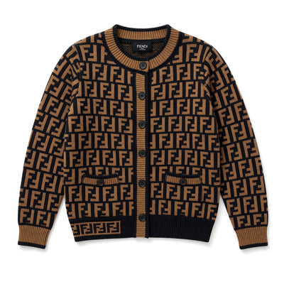 Fendi brown and black FF monogram crewneck cardigan with buttons and patch pockets