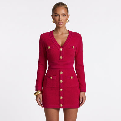 Balmain fuchsia pink long-sleeve knit cardigan mini dress with gold buttons.