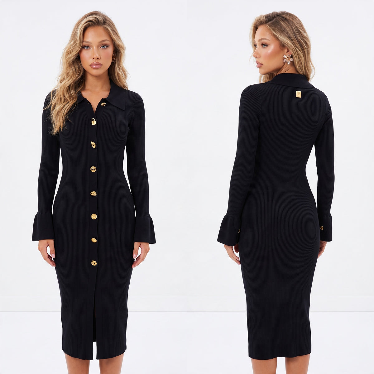 black ribbed button-front midi dress with gold buttons and small front slit