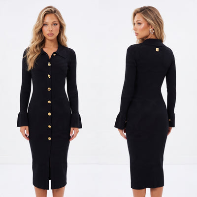 black ribbed button-front midi dress with gold buttons and small front slit