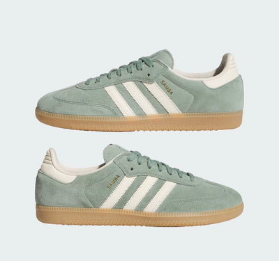 Adidas Samba seafoam green suede sneaker with white stripes and gum sole