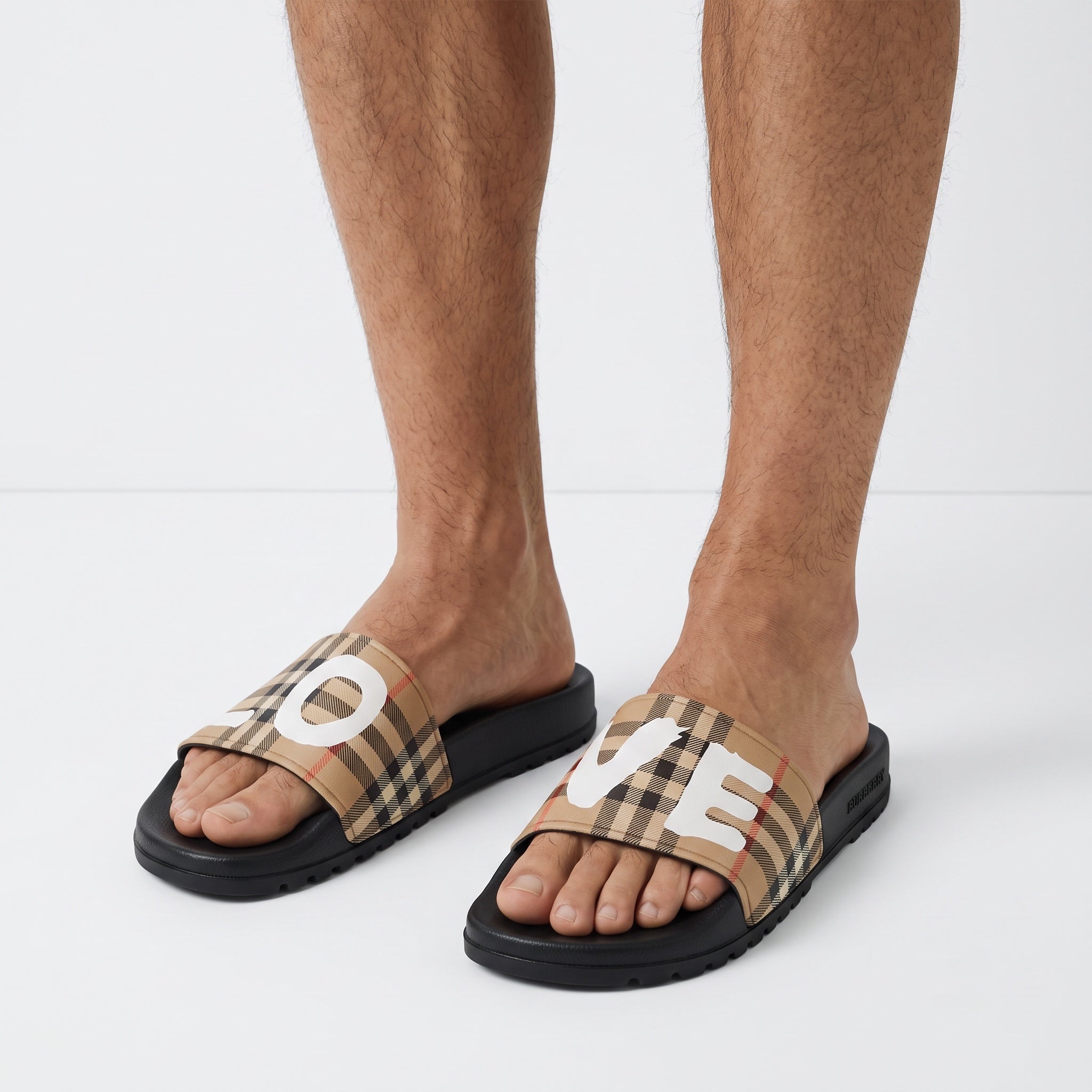 Burberry beige check logo slides with black molded footbed