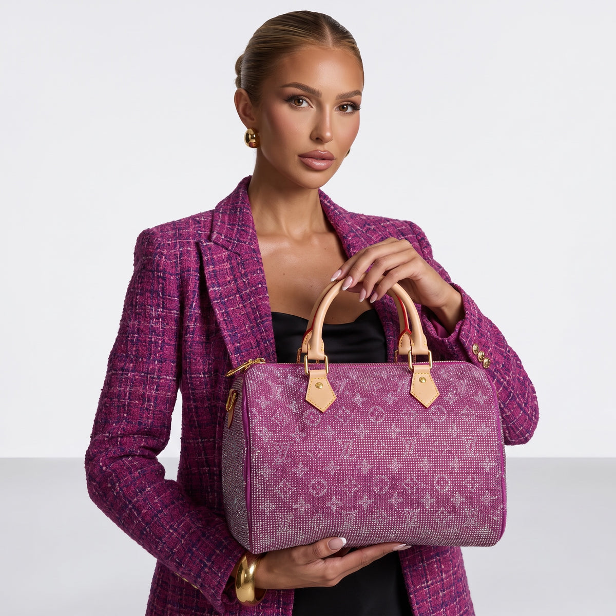 pink Louis Vuitton monogram tote with crystal embellishments and top handles