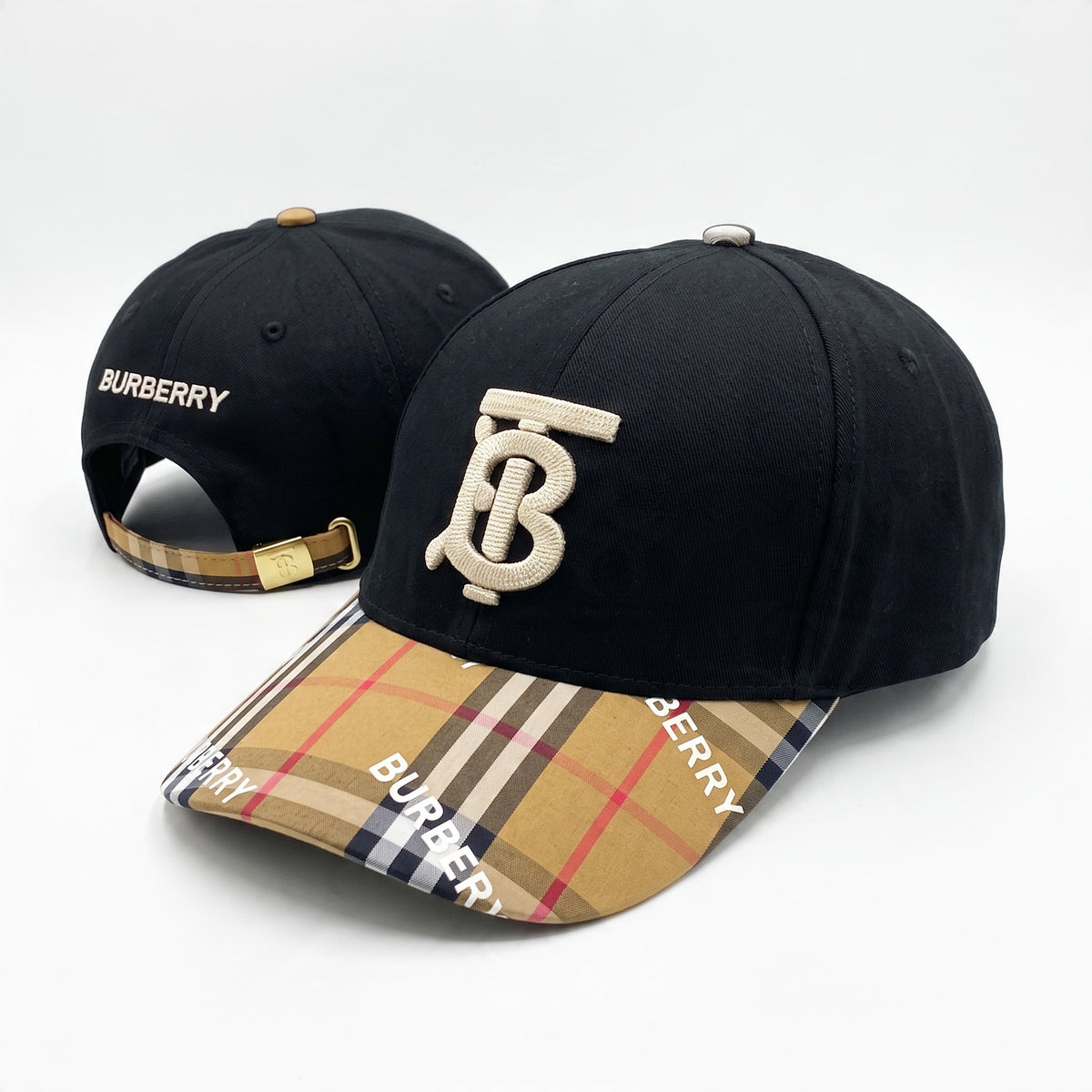 Black Burberry baseball cap with embroidered TB logo and Nova check brim