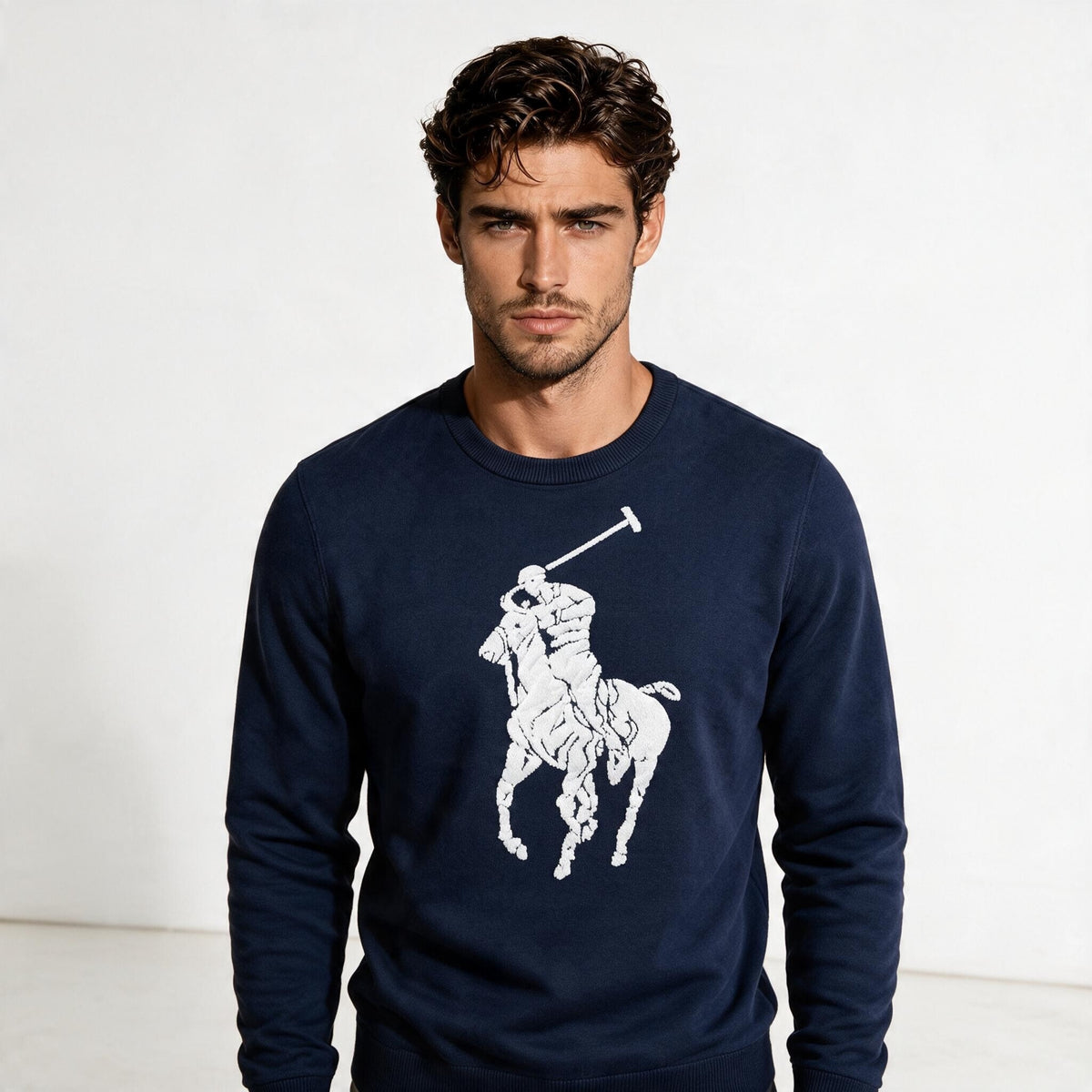 Navy Polo Ralph Lauren crewneck sweatshirt with large white Big Pony logo