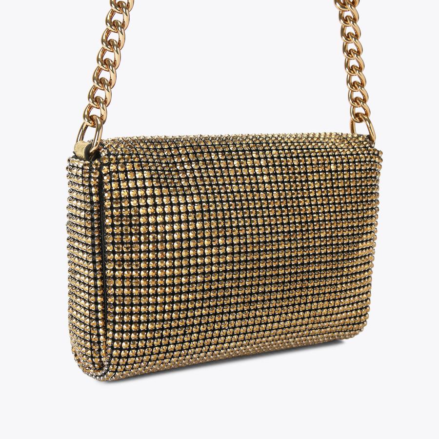 gold crystal mesh shoulder bag with sculpted jewel clasp and chunky chain strap