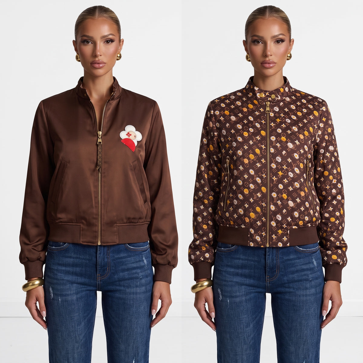 brown reversible bomber jacket with monogram floral print and gold zipper