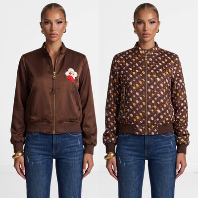 brown reversible bomber jacket with monogram floral print and gold zipper