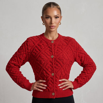 red Louis Vuitton textured knit cardigan with gold buttons