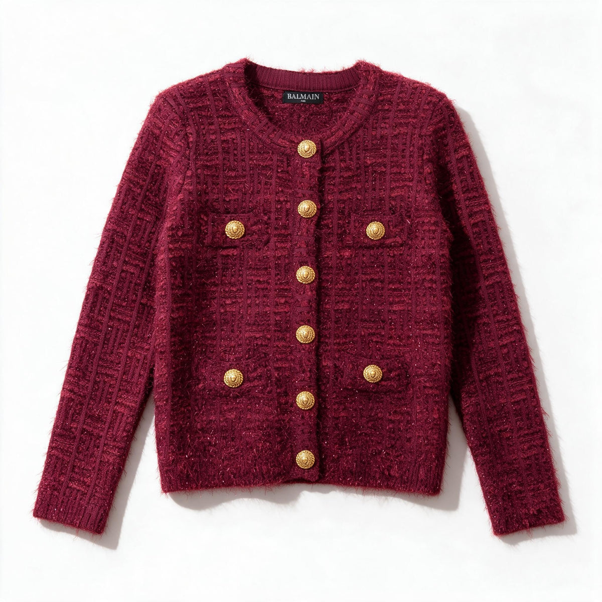 Balmain burgundy bouclé cardigan with gold buttons