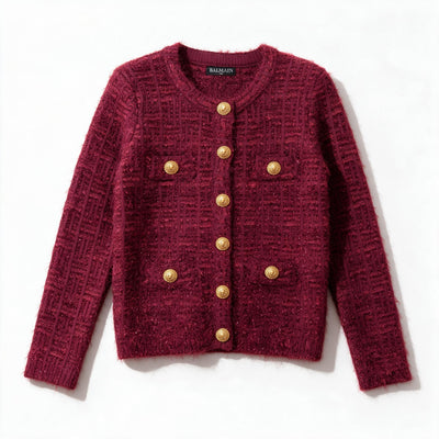 Balmain burgundy bouclé cardigan with gold buttons