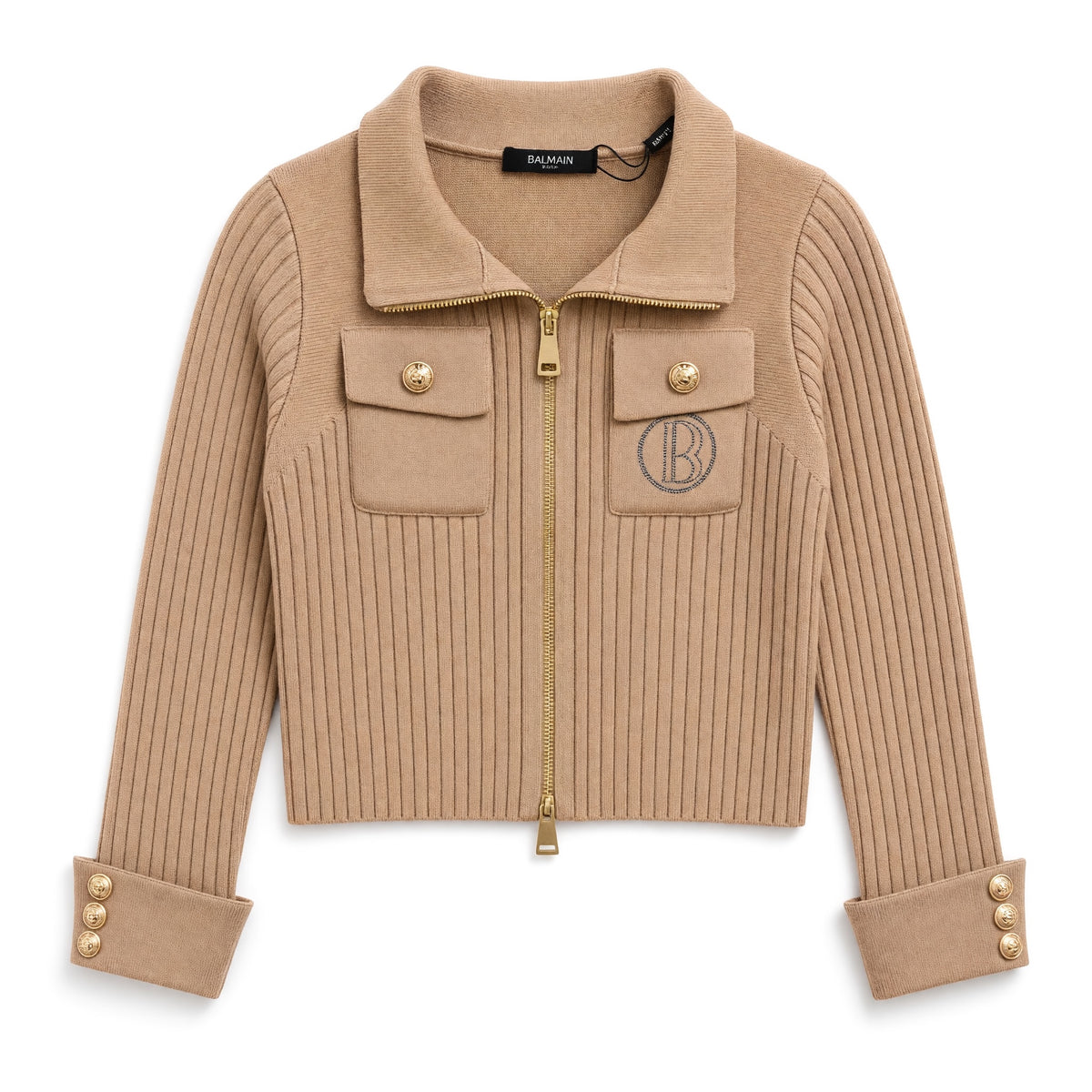 Balmain camel ribbed zip jacket with gold hardware and chest pockets
