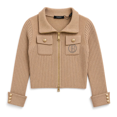 Balmain camel ribbed zip jacket with gold hardware and chest pockets