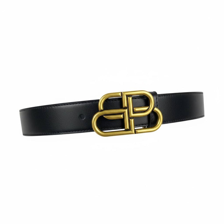 Balenciaga BB Gold Buckle Leather Belt – Black 115cm ✨🖤