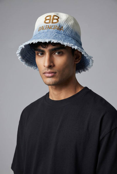 Balenciaga BB Logo Bucket Hat – Gradient Denim Frayed Edge Luxury 🧢✨ - MASTERPIECE