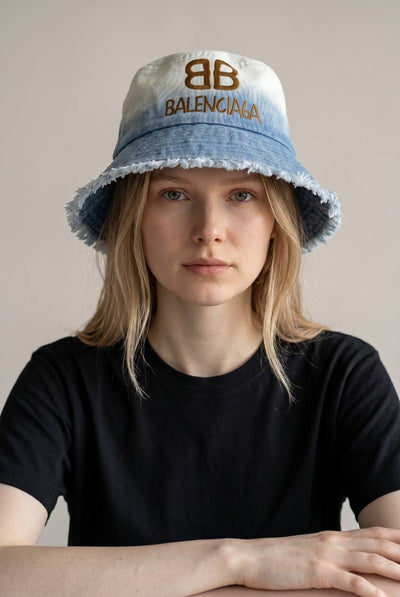Balenciaga BB Logo Bucket Hat – Gradient Denim Frayed Edge Luxury 🧢✨ - MASTERPIECE