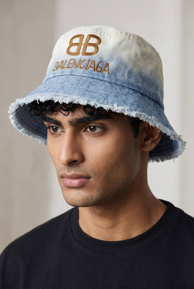 Balenciaga BB Logo Bucket Hat – Gradient Denim Frayed Edge Luxury 🧢✨ - MASTERPIECE