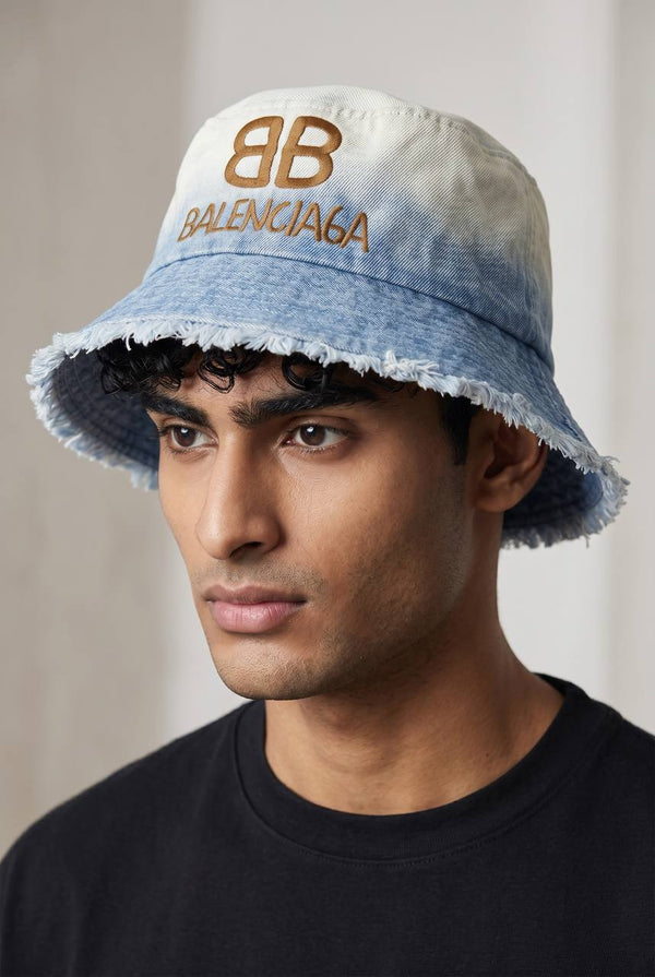 Balenciaga BB Logo Bucket Hat – Gradient Denim Frayed Edge Luxury 🧢✨