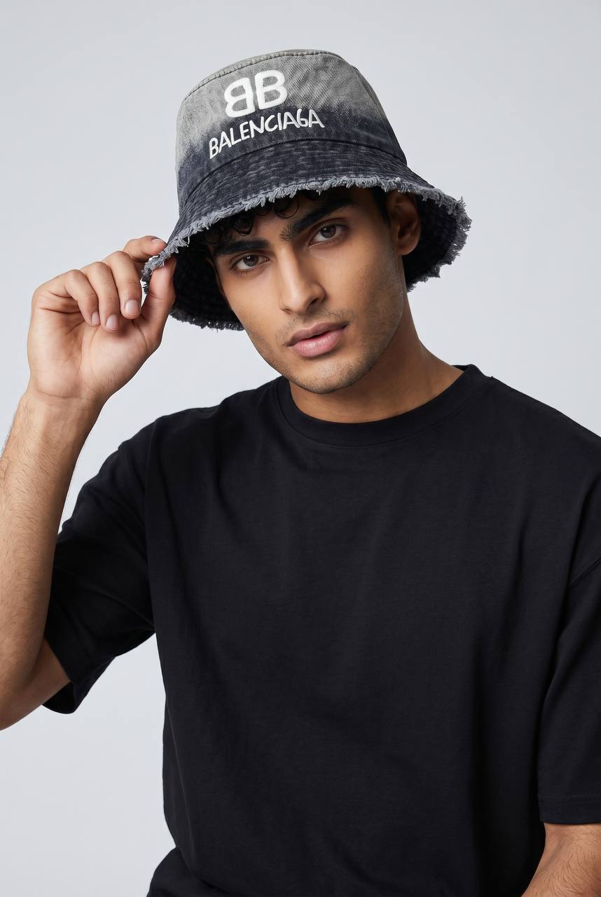 Balenciaga BB Logo Bucket Hat – Washed Grey Denim Edition 🧢🔥 - MASTERPIECE