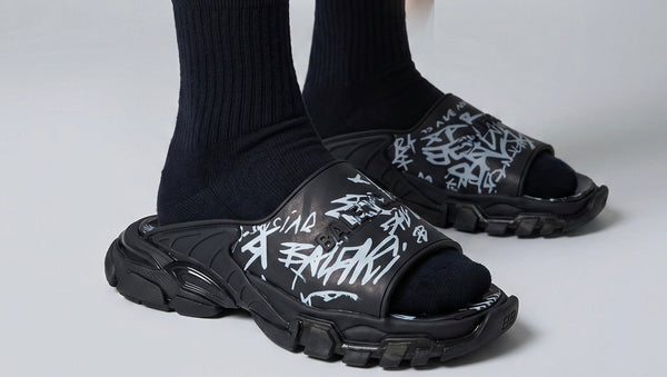 Balenciaga Black Graffiti Chunky Slides – Bold Streetwear Slippers ⚫🔥