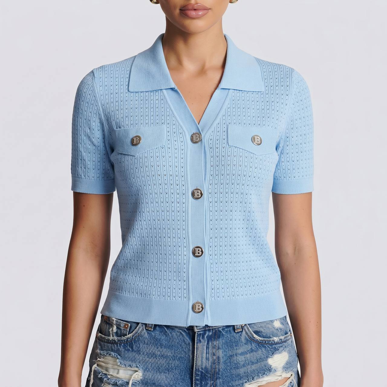 Balmain Baby Blue Knit Cardigan with Silver Logo Buttons 🩵✨ - MASTERPIECE