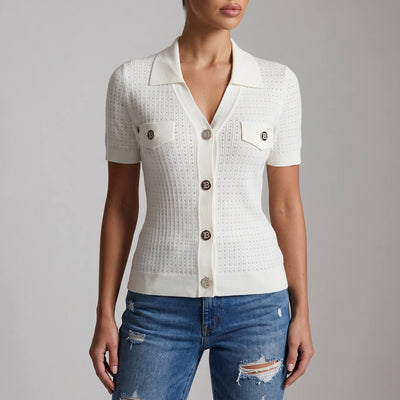 Balmain Cream Knit Short-Sleeve Cardigan with Silver Logo Buttons 🤍✨ - MASTERPIECE