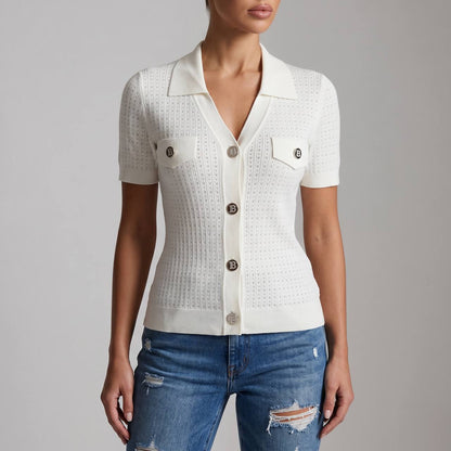 Balmain Cream Knit Short-Sleeve Cardigan with Silver Logo Buttons 🤍✨ - MASTERPIECE